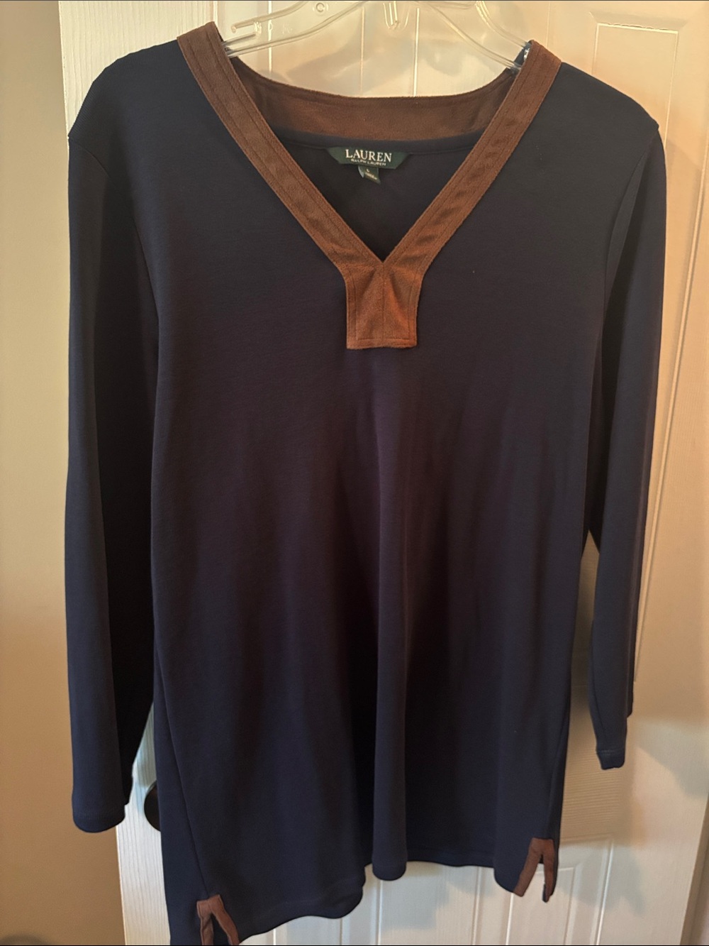 Ralph Lauren Navy V-Neck Top with Brown Suede Trim